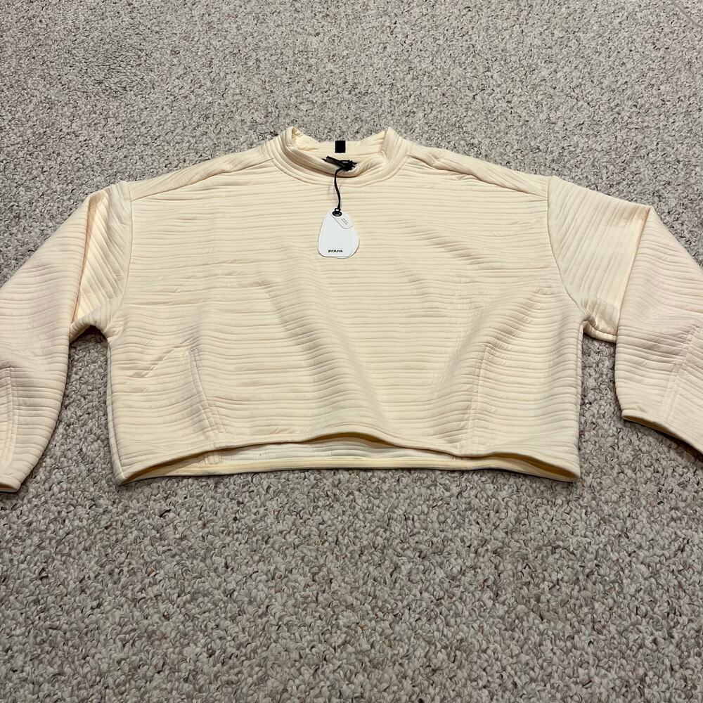 Prana Cropped Crewneck Ribbed Pullover in Light Cream